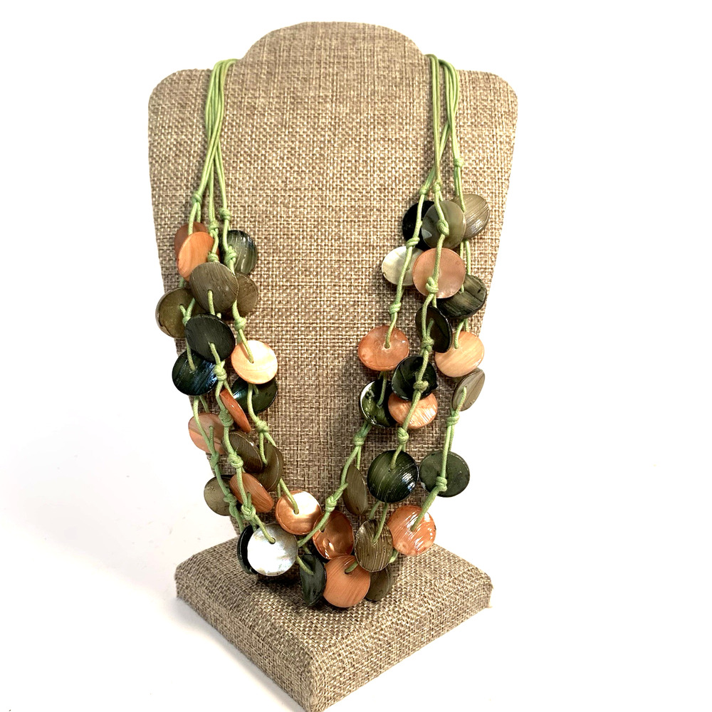 Vintage Boho Shell Disc Necklace Coastal Grandma Green Peach Beach Y2K 22" Cord